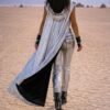 ZEVQ premium metallic silver hooded maxi vest worn at a futuristic festival