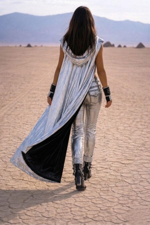 ZEVQ premium metallic silver hooded maxi vest worn at a futuristic festival