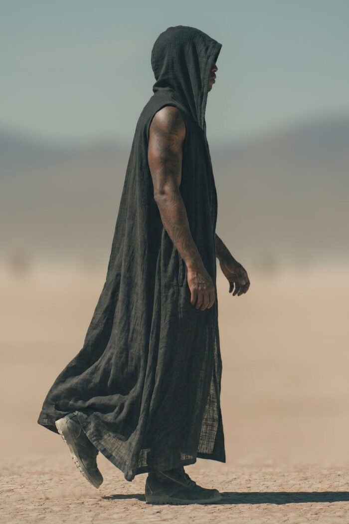 ZEVQ Men's Black Hooded Linen Duster Vest, an oversized festival cloak for Burning Man outfits.