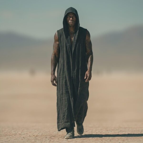 ZEVQ Men's Black Hooded Linen Duster Vest, an oversized festival cloak for Burning Man outfits.