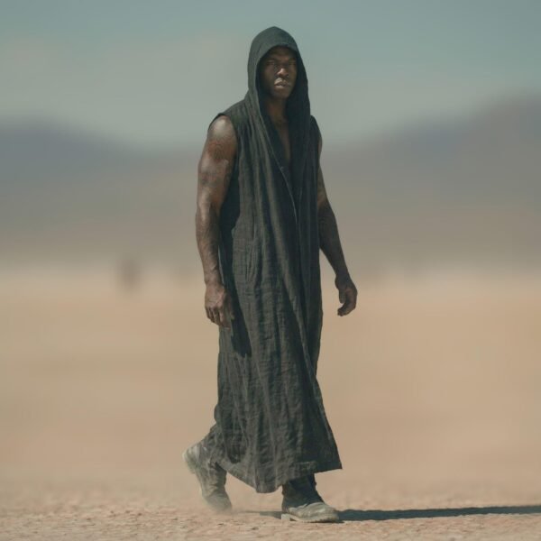 ZEVQ Men's Black Hooded Linen Duster Vest, an oversized festival cloak for Burning Man outfits.