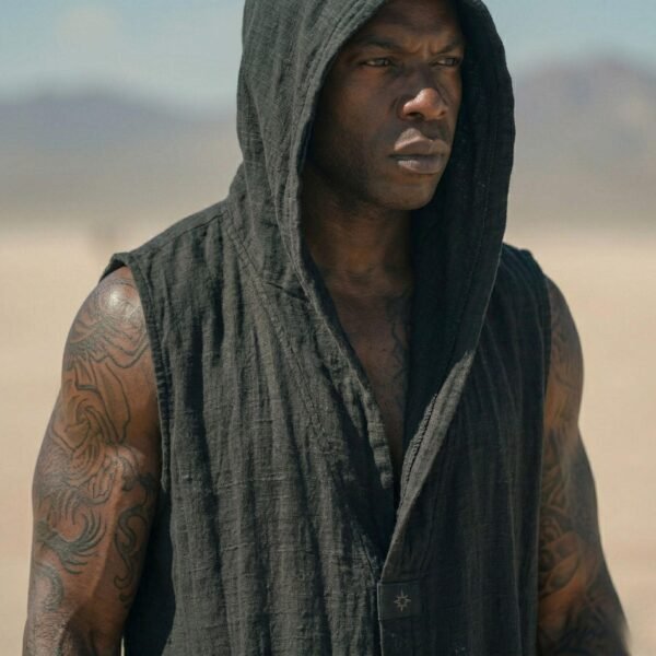 ZEVQ Men's Black Hooded Linen Duster Vest, an oversized festival cloak for Burning Man outfits.