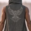 Shamanic Eagle Print Duster Vest for men in washed grey linen, a premium festival hooded vest.