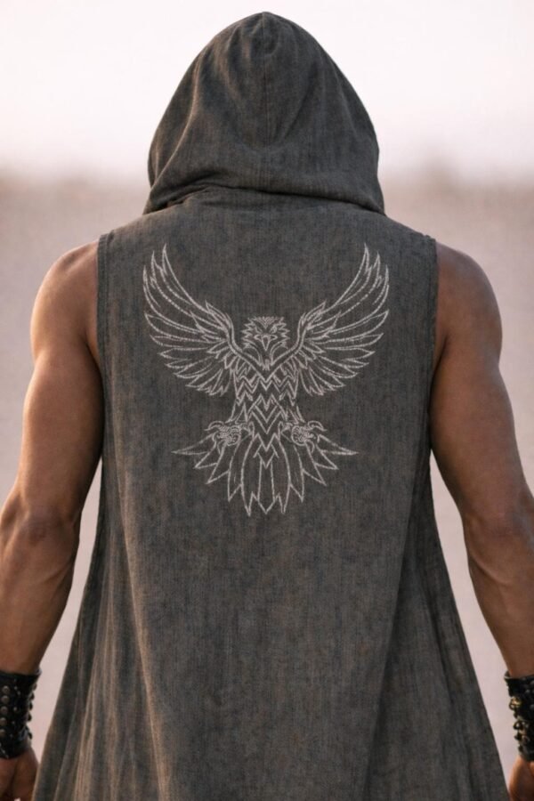 Shamanic Eagle Print Duster Vest for men in washed grey linen, a premium festival hooded vest.