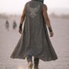 Shamanic Eagle Print Duster Vest for men in washed grey linen, a premium festival hooded vest.