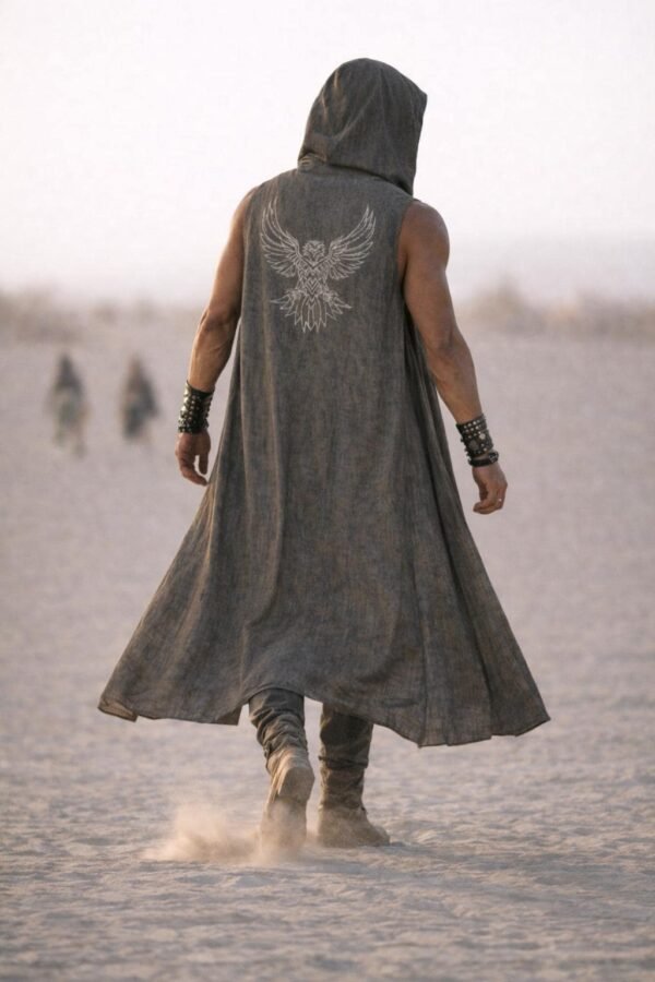 Shamanic Eagle Print Duster Vest for men in washed grey linen, a premium festival hooded vest.