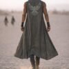 Shamanic Eagle Print Duster Vest for men in washed grey linen, a premium festival hooded vest.