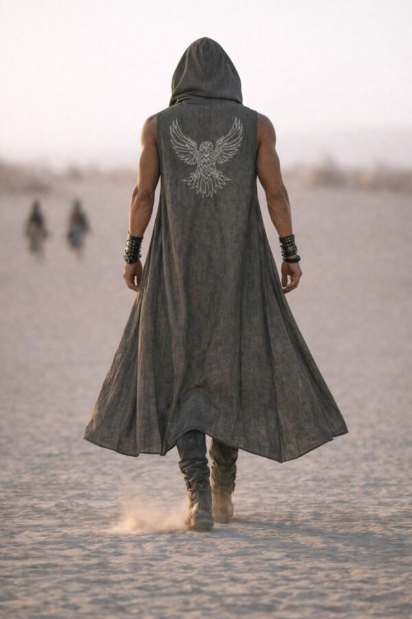 Shamanic Eagle Print Duster Vest for men in washed grey linen, a premium festival hooded vest.