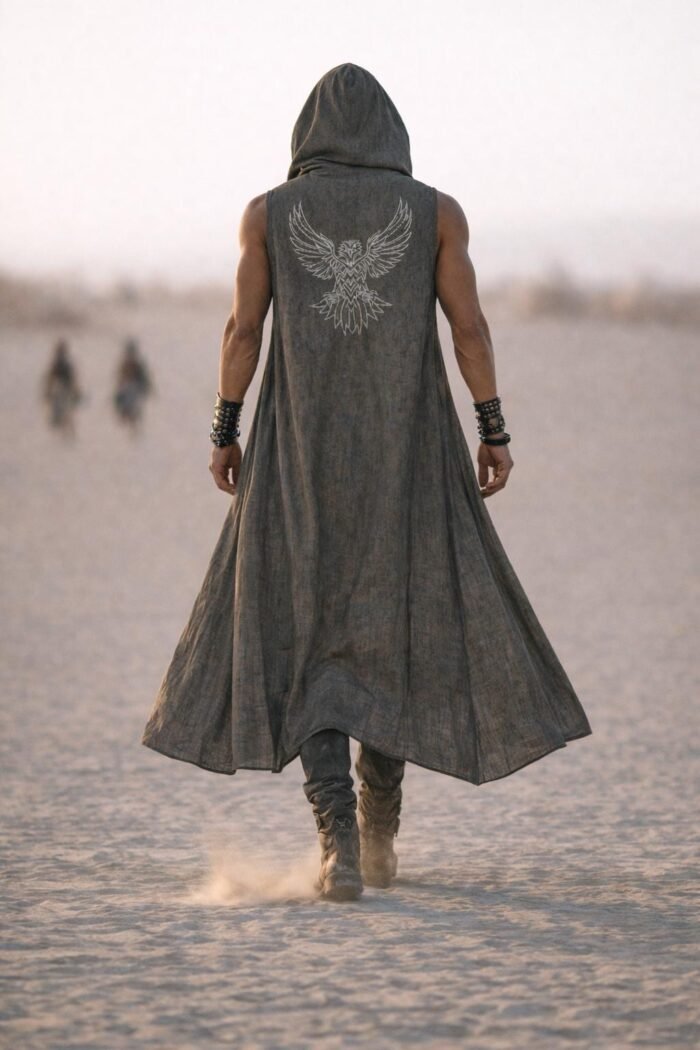 Shamanic Eagle Print Duster Vest for men in washed grey linen, a premium festival hooded vest.