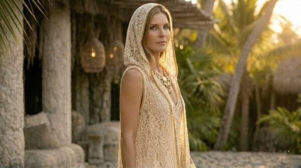 White lace hooded maxi vest, a boho festival duster with gold trim, worn at a festival.