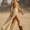 ZEVQ premium boho lace maxi skirt in ecru, featuring a front-open design for festival styling