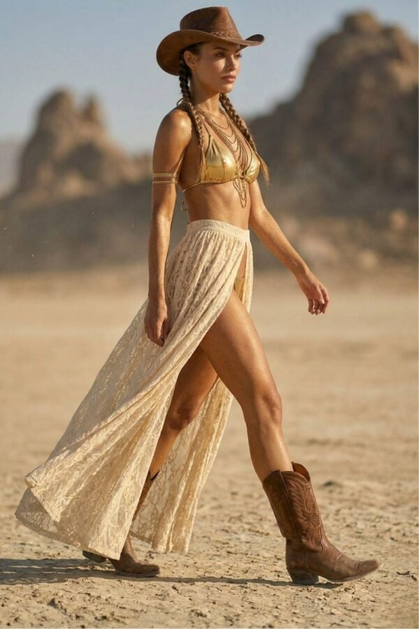 ZEVQ premium boho lace maxi skirt in ecru, featuring a front-open design for festival styling