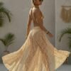 ZEVQ premium ecru lace maxi festival skirt with double front slits, worn at a festival.