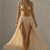 ZEVQ premium ecru lace maxi festival skirt with double front slits, worn at a festival.