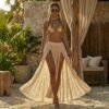 ZEVQ premium ecru lace maxi festival skirt with double front slits, worn at a festival.