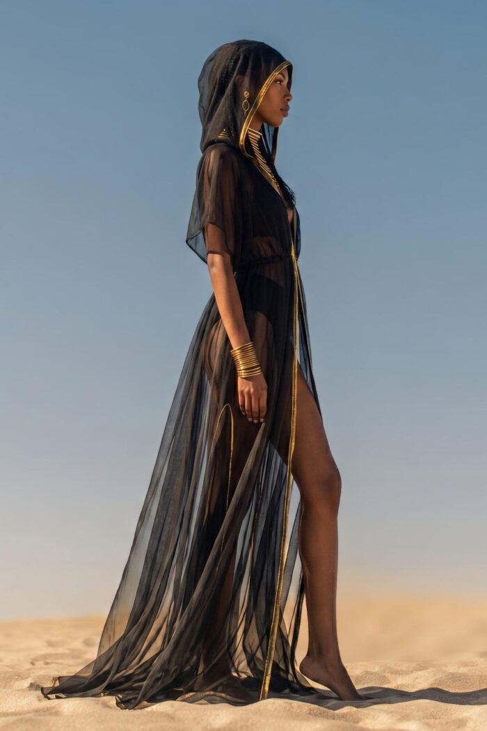 ZEVQ Black Sheer Hooded Chiffon Festival Kaftan with Gold Trim, worn at a desert festival.