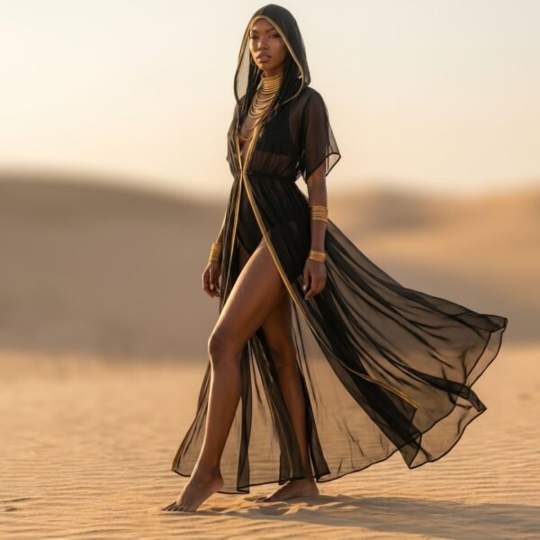 ZEVQ Black Sheer Hooded Chiffon Festival Kaftan with Gold Trim, worn at a desert festival.