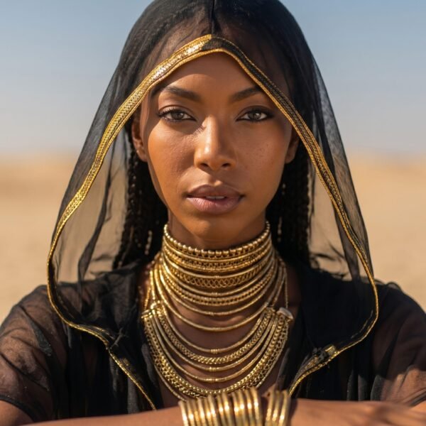 ZEVQ Black Sheer Hooded Chiffon Festival Kaftan with Gold Trim, worn at a desert festival.