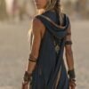 ZEVQ premium black hooded maxi vest for Burning Man and festival fashion, worn as a dramatic linen duster.