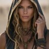 ZEVQ premium black hooded maxi vest for Burning Man and festival fashion, worn as a dramatic linen duster.