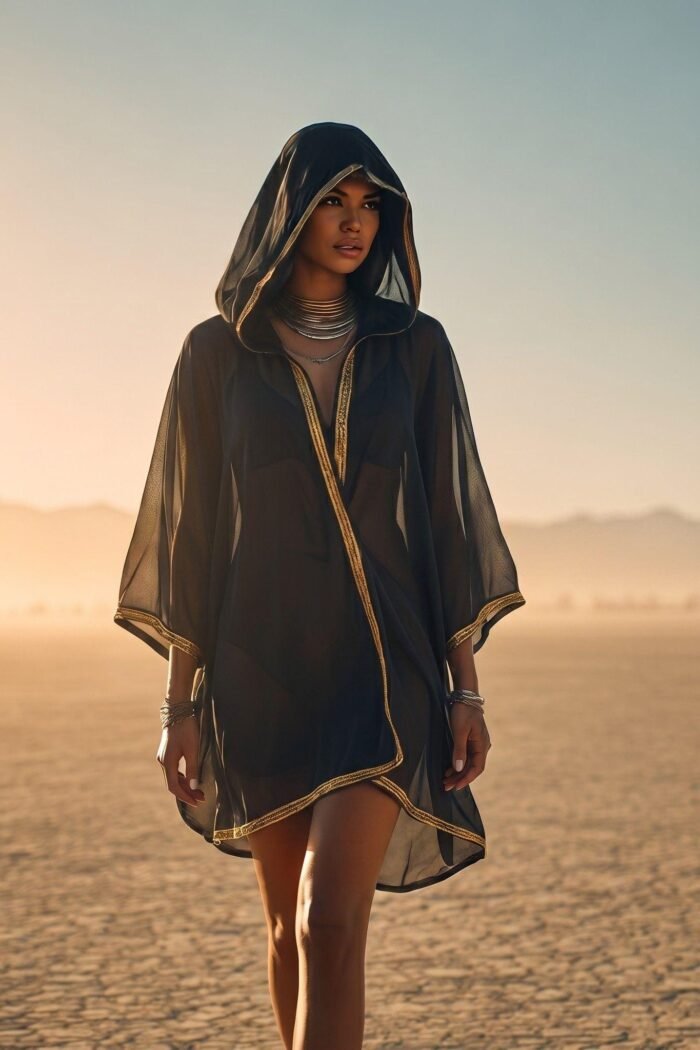 ZEVQ premium black sheer chiffon hooded kimono worn as a festival kaftan and beach cover up.