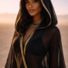 ZEVQ premium black sheer chiffon hooded kimono worn as a festival kaftan and beach cover up.
