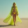 ZEVQ Neon Green Sheer Chiffon Duster with gold trim, a luxury festival cape for rave and cyberpunk fashion.