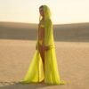 ZEVQ Neon Green Sheer Chiffon Duster with gold trim, a luxury festival cape for rave and cyberpunk fashion.