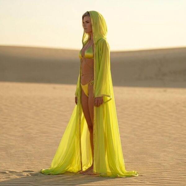 ZEVQ Neon Green Sheer Chiffon Duster with gold trim, a luxury festival cape for rave and cyberpunk fashion.