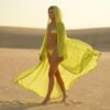 ZEVQ Neon Green Sheer Chiffon Duster with gold trim, a luxury festival cape for rave and cyberpunk fashion.