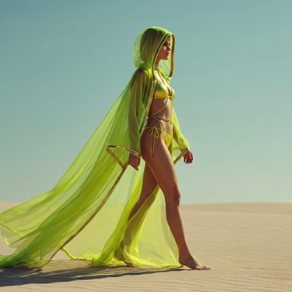 ZEVQ Neon Green Sheer Chiffon Duster with gold trim, a luxury festival cape for rave and cyberpunk fashion.