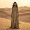 ZEVQ premium khaki linen hooded vest, a maxi festival duster with gold trim, modeled at a desert festival.