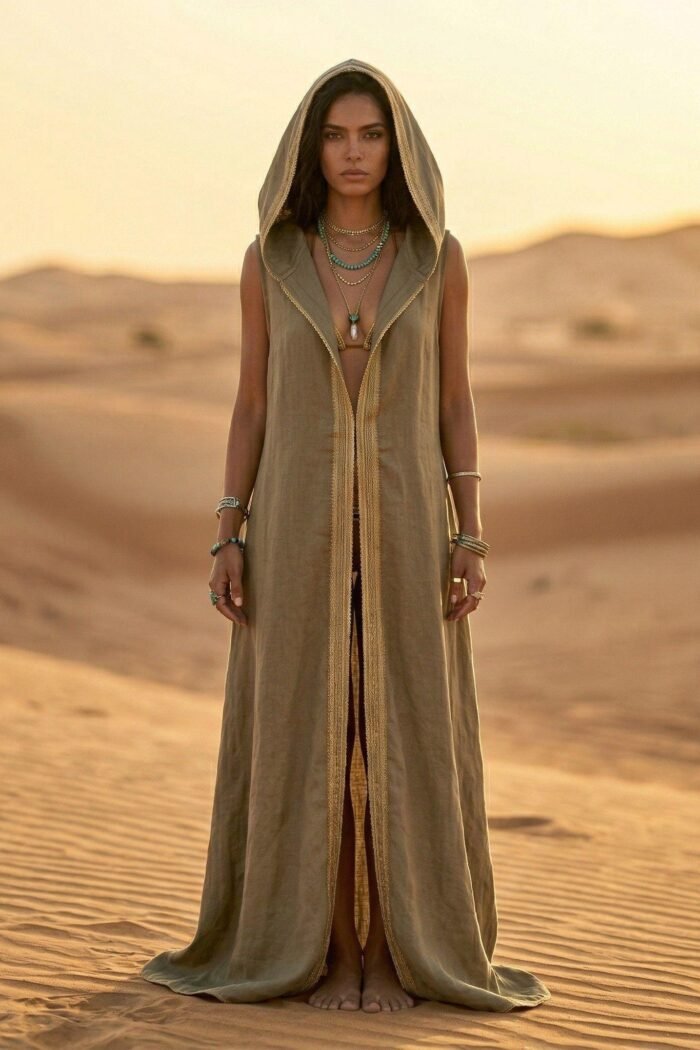 ZEVQ premium khaki linen hooded vest, a maxi festival duster with gold trim, modeled at a desert festival.