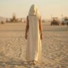 ZEVQ premium hooded linen maxi vest in ecru, a boho festival duster for Burning Man outfits