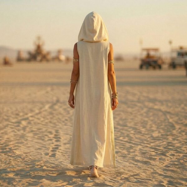 ZEVQ premium hooded linen maxi vest in ecru, a boho festival duster for Burning Man outfits
