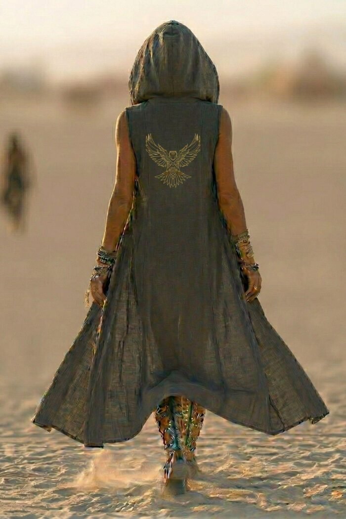 Shamanic Eagle Hooded Duster - Black linen festival vest with spiritual eagle back print.