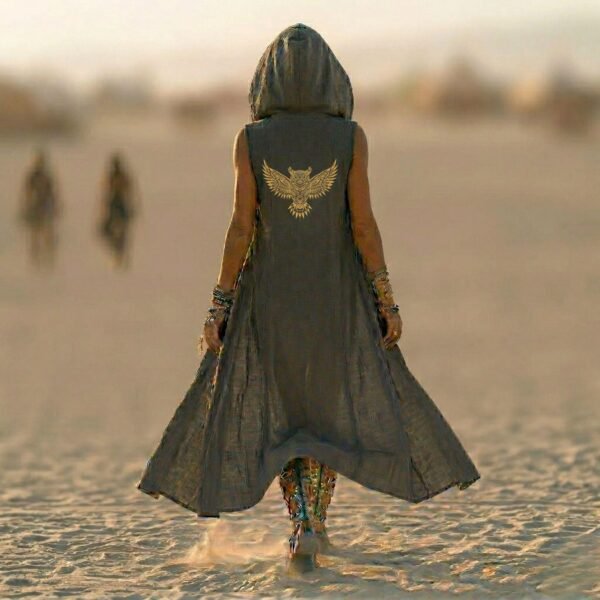 ZEVQ Owl Oracle Black Linen Hooded Duster worn at a festival, showcasing the shamanic back print and flowing silhouette.