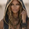 ZEVQ Owl Oracle Black Linen Hooded Duster worn at a festival, showcasing the shamanic back print and flowing silhouette.