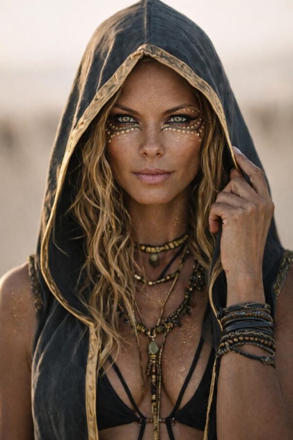 ZEVQ Owl Oracle Black Linen Hooded Duster worn at a festival, showcasing the shamanic back print and flowing silhouette.