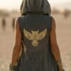 ZEVQ Owl Oracle Black Linen Hooded Duster worn at a festival, showcasing the shamanic back print and flowing silhouette.