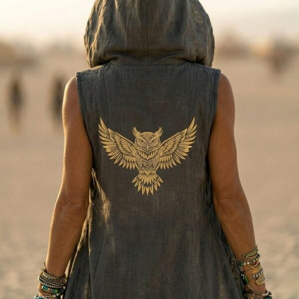ZEVQ Owl Oracle Black Linen Hooded Duster worn at a festival, showcasing the shamanic back print and flowing silhouette.
