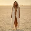ZEVQ premium ecru linen hooded maxi vest with striking panther print, a bold festival duster.