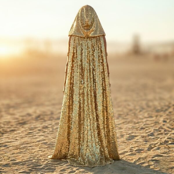 Model wearing the premium Gold Sequin Hooded Maxi Vest, a festival statement duster, at sunset.