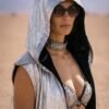 ZEVQ premium metallic silver hooded maxi vest worn at a futuristic festival