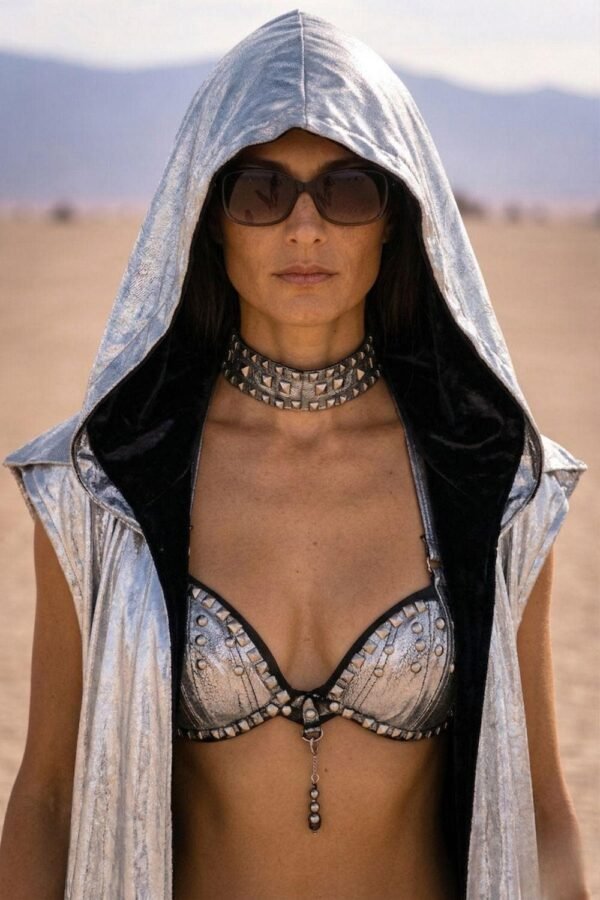 ZEVQ premium metallic silver hooded maxi vest worn at a futuristic festival