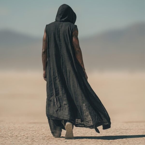 ZEVQ Men's Black Hooded Linen Duster Vest, an oversized festival cloak for Burning Man outfits.