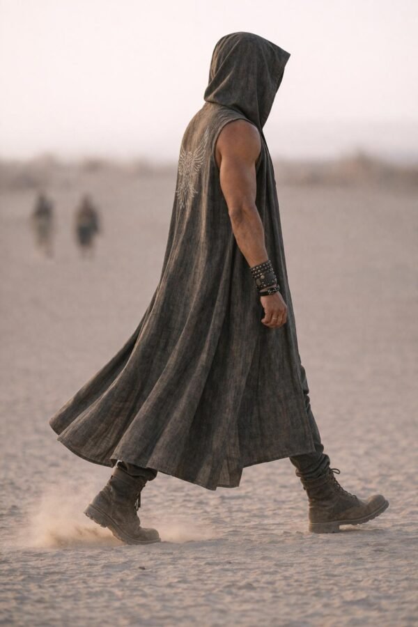 Shamanic Eagle Print Duster Vest for men in washed grey linen, a premium festival hooded vest.
