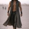 Shamanic Eagle Print Duster Vest for men in washed grey linen, a premium festival hooded vest.