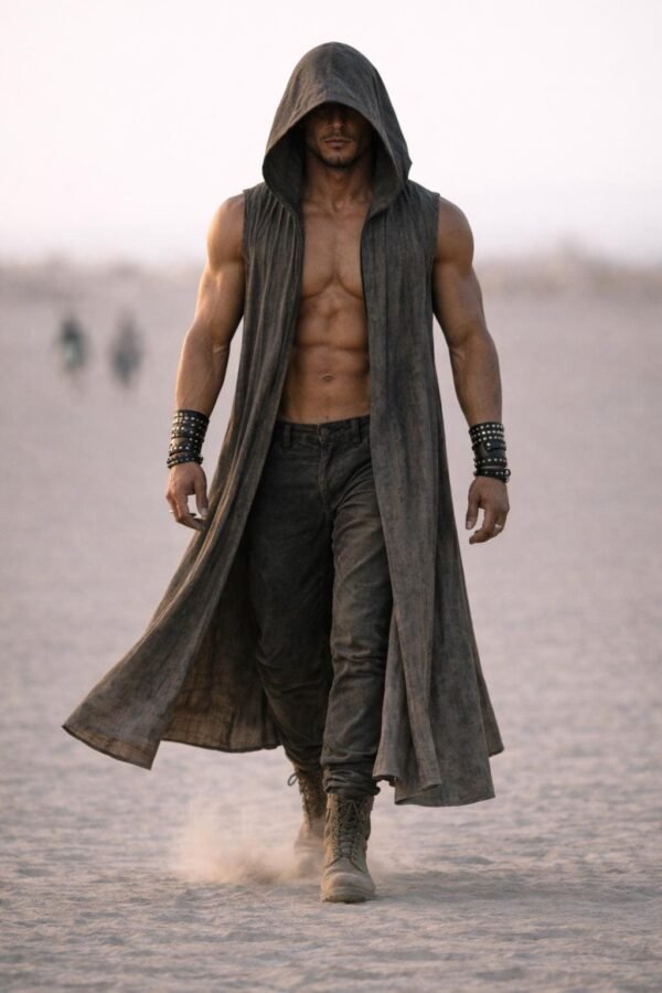 Shamanic Eagle Print Duster Vest for men in washed grey linen, a premium festival hooded vest.