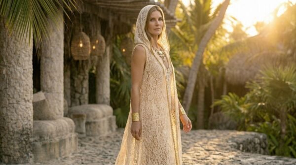 White lace hooded maxi vest, a boho festival duster with gold trim, worn at a festival.